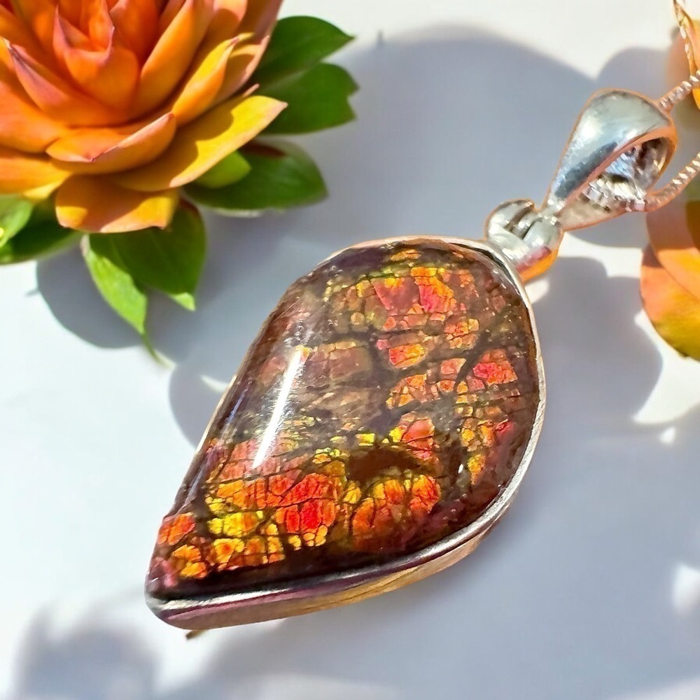 Rare Ammolite Gemstone Sterling Silver Pendant